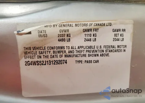 2003 Buick Century Custom z USA, uszkodzony, nr VIN 2G4WS52J131292074